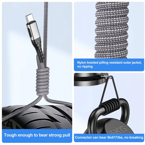 Durcord USB-C charging cable, 2-pack, 10ft, braided nylon outer jacket in silver; rugged pull-resistant design.