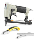Pneumatic Continuous Firing Upholstery Stapler 22 Gauge 71 Series Crown Staple Gun with metal construction, staples, and remover