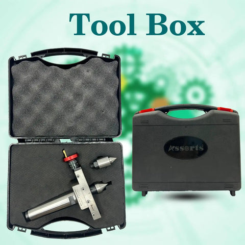 MT4 Taper Turning Attachment with Interchangeable Centres in a tool box with foam lining for quick swapping high precision lathe tooling.