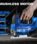 Hand using 20V Brushless Cordless Jig Saw With 4.0Ah Battery, 3200 SPM Variable Speed, 1 Inch Stroke on surface