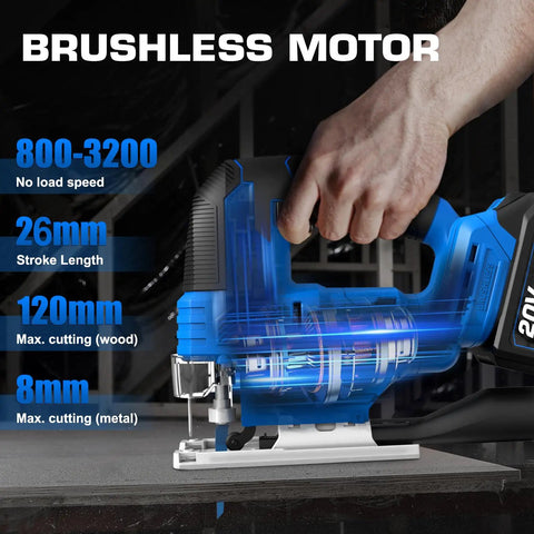 Hand using 20V Brushless Cordless Jig Saw With 4.0Ah Battery, 3200 SPM Variable Speed, 1 Inch Stroke on surface