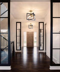 Farmhouse Industrial Ceiling Light Fixture Four Light Dope Vintage Modern Rectangle Black Gold Flush Mount in hallway