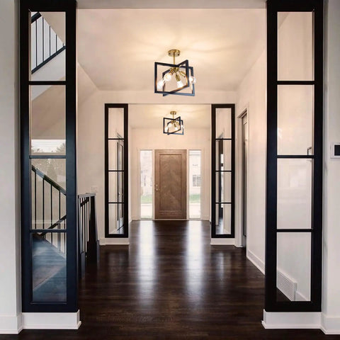 Farmhouse Industrial Ceiling Light Fixture Four Light Dope Vintage Modern Rectangle Black Gold Flush Mount in hallway