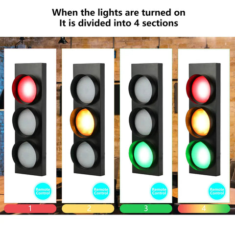 Traffic Light Wall Lamp With Remote Control with red, yellow, green, and mixed modes displayed in four sections