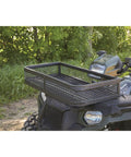 ATV Front Cargo Basket Luggage Carrier Rack Heavy Duty Steel 36 Inches By 17 Inches By 5.25 Inches with side rails in use