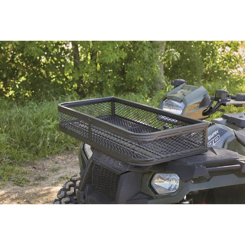 ATV Front Cargo Basket Luggage Carrier Rack Heavy Duty Steel 36 Inches By 17 Inches By 5.25 Inches with side rails in use