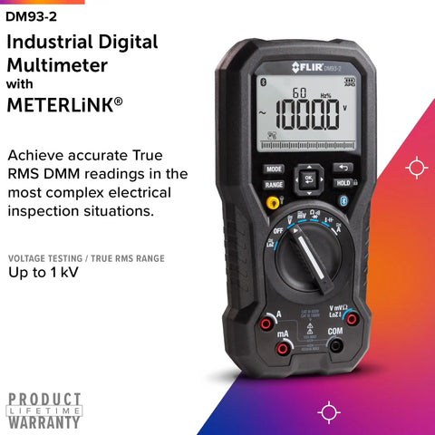 Image of DM93-2 True RMS Industrial Digital Multimeter with 5-digit 40000 count dual display and LED backlight.