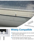 Twenty Piece Window Screen Plunger Latches, Top Notch Aluminum Alloy Spring Push Pins, Heavy Duty Retractable Clip Hardware For No Fuss Hidden Install And Quick Replacement Fixes on a window frame with mesh.