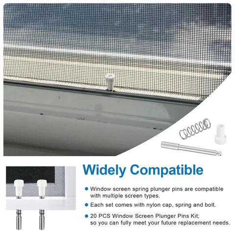 Twenty Piece Window Screen Plunger Latches, Top Notch Aluminum Alloy Spring Push Pins, Heavy Duty Retractable Clip Hardware For No Fuss Hidden Install And Quick Replacement Fixes on a window frame with mesh.