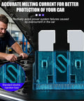Shop Grade 300 Piece Automotive Fuse Assortment Kit With Standard Mini And Small Blade Fuses 2A To 40A Tough Zinc Build Plus Extractor Tool For Work Trucks Daily Drivers - close-up of blue blade fuse in car engine.
