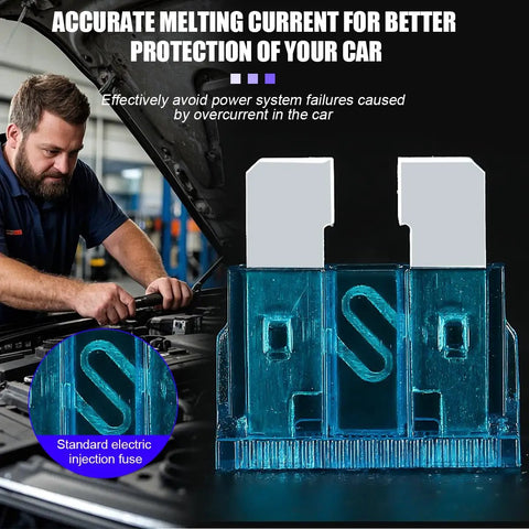 Shop Grade 300 Piece Automotive Fuse Assortment Kit With Standard Mini And Small Blade Fuses 2A To 40A Tough Zinc Build Plus Extractor Tool For Work Trucks Daily Drivers - close-up of blue blade fuse in car engine.