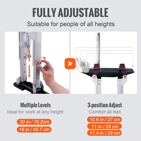 Adjustable Aluminum Drywall Stilts 18 To 30 Inch With Non Slip Grip For Sheetrock Painting Taping And Walking, silver, adjustment details