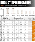 Heavy Duty Wire Ferrules Kit With Eight Size Silver Plated Copper Ends For AWG 1/0 To 12 specification chart