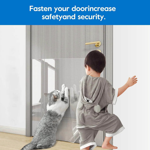 Child and cat at door with oil rubbed bronze 6 inch Dutch door bolt and latch, enhancing safety and security.