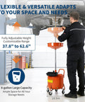 Upgrade Your Shop With This Tough 8 Gallon Waste Oil Drain Tank Featuring An Adjustable Funnel, Portable Air Operated Drainer For Fluid Transfer, Heavy Duty Rust Proof Steel Build With Wheels And Toolbox Storage.