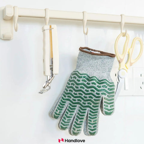 Cut Resistant Gloves With Non Slip Silicone Grip For Real Kitchen Work Including Meat Cutting, Oyster Shucking, Mandoline Slicing And Wood Carving, Washable Green Size Large, Level 5 Protection For Safe, Confident Handling hanging on a hook