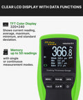 Coating Thickness Gauge Pro Grade For Automotive And Industrial QC With 0.1 Micron Resolution Fe And NFe Auto Detection External Probe For Steel And Aluminum 0 To 1250 Micrometers, green LCD screen