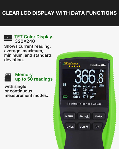 Coating Thickness Gauge Pro Grade For Automotive And Industrial QC With 0.1 Micron Resolution Fe And NFe Auto Detection External Probe For Steel And Aluminum 0 To 1250 Micrometers, green LCD screen