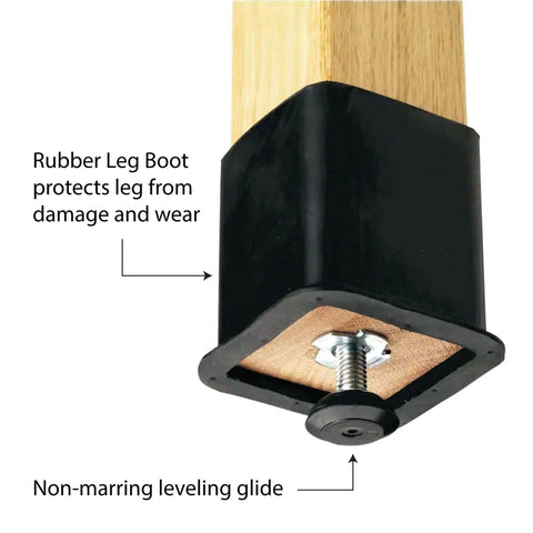 Rubber leg boot and non-marring leveling glide for Solid Heavy Duty Student Workshop Table With Four Built In Bench Vises And Spacious Lower Shelf.