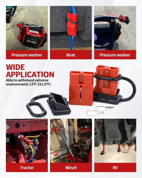 Universal Battery Quick Connect Kit Four Pack 50 Amp For 6 To 12 Gauge Cables 12V 36V Systems Wire Harness Plug Kit Anderson Connector Compatible Great For Cars Bikes ATVs Winches Lifts And Motors, red connectors with covers