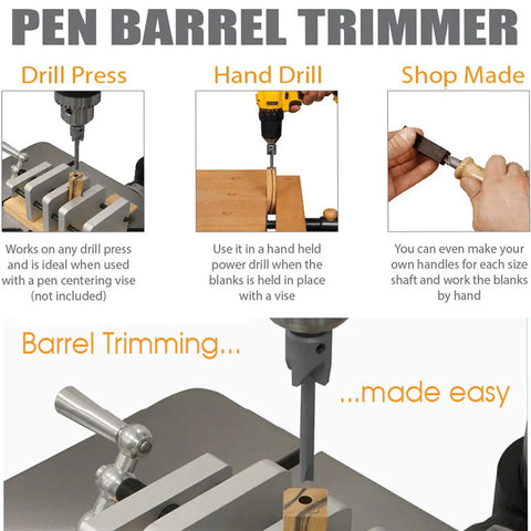 7 Piece Pen Barrel Trimming Set With Three Eighths, Seven Millimeter, Eight Millimeter, Ten Millimeter Pilot Shafts, Three Quarters Inch Cutter, Sleeve Adapter And Hex Key Wrench, Pro Grade Pen Making Kit For DIYers Woodturners And Craft Enthusiasts displayed in use with drill press and hand drill for pen barrel trimming.