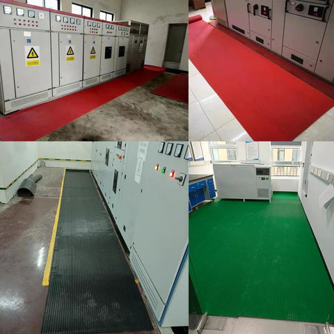Built Different Heavy Duty 35 KV Insulating Rubber Flooring Mat Anti Static Industrial Grade Safety Thick Cuttable Electric Shock Protection Pad Black in industrial setting.