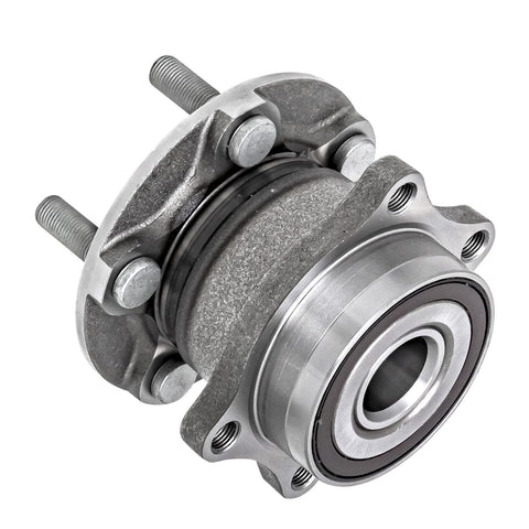 Rear Wheel Bearing Hub Assembly For Subaru Outback Forester Impreza Legacy WRX STI BRZ Crosstrek Scion FRS Toyota 86 5 Lug Wheel Bearing Replacement Drop In Ready With Durable Alloy Bearings, close-up view of hub with bolts and bearings.