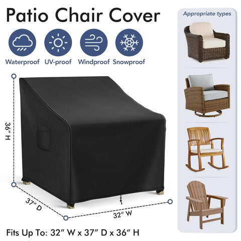 Waterproof Adirondack Chair Covers 2 Pack for Outdoor Patio Furniture Fits Up To 32W x 37D x 36H Inches Black Heavy Duty Weatherproof Protection for Rain Sun Snow Easy Slip On and Off Durable Fabric covering patio chair illustration