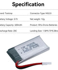 Specification sheet and 3.7V 400mAh LiPo Drone Battery Pack With 5-In-1 USB Charger For 5-Pack For Syma showing size and connector type.
