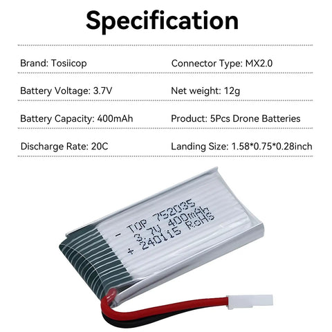 Specification sheet and 3.7V 400mAh LiPo Drone Battery Pack With 5-In-1 USB Charger For 5-Pack For Syma showing size and connector type.