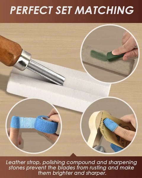 Deluxe Wood Carving Kit For Beginners To Pros With Leather Case And Packed Whittling Tool Set includes strop, compound, stone.