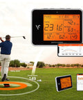 Golfer using the SC300 Portable Golf Launch Monitor With Doppler Radar Distance Feedback Swing Speed Launch Angle Ball Speed Apex Max Height And App Connectivity For iOS And Android on a golf course, displaying data on devices.