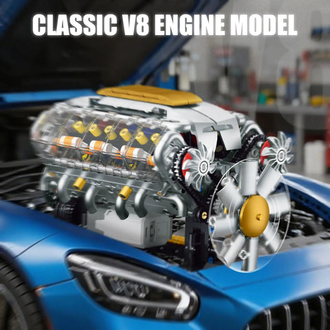 Classic V8 Engine Model Kit That Runs Hands On Build Your Own Mini Visible Car Motor inside a blue car