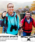 Anti Fog Safety Glasses With Clear Wraparound Lenses Scratch Resistant Eye Protection worn by hikers in outdoor setting