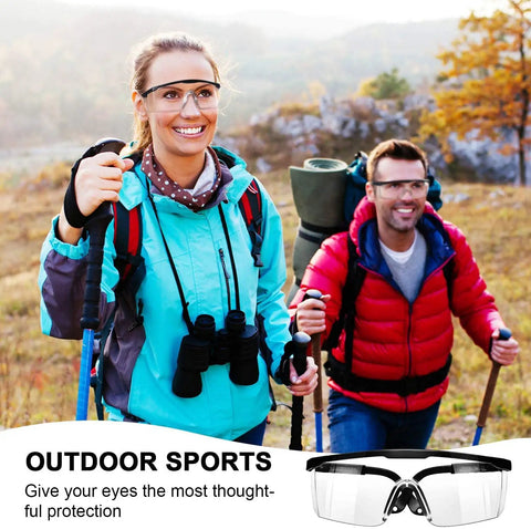 Anti Fog Safety Glasses With Clear Wraparound Lenses Scratch Resistant Eye Protection worn by hikers in outdoor setting