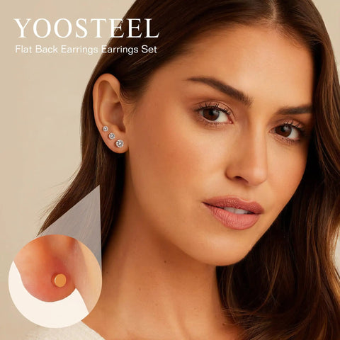 Six Pairs Dainty Stud Earrings Set With Flat Back Posts In 2mm 3mm 4mm 5mm 6mm And 8mm Sizes 14K Gold Plated For Women And Girls Everyday Sparkle Mix And Match, worn on ear