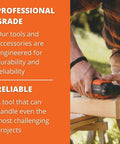 Close-up of a person using a sander on a wooden plank, highlighting professional grade reliability for challenging projects.