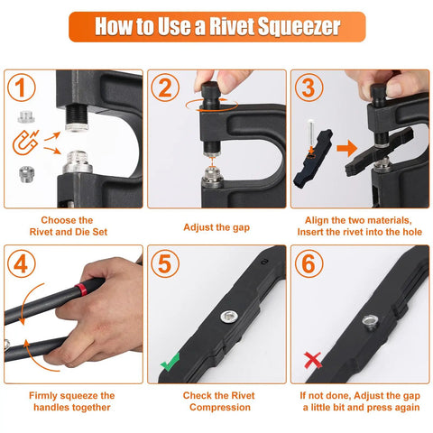 How to use Heavy Duty Hand Rivet Squeezer Kit For Auto Body Repair And Weekend Warrior Projects Including 180 Aluminum Rivets With Six Interchangeable Flush Dies For No Sweat Metalwork Anywhere.