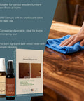 Easy Wood Repair Kit For Furniture Scratches And Nicks Odorless Plant Based Formula shown with bottles and wooden surface