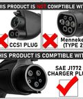 No Stress On The Fly J1772 To Tesla Charging Adapter compatibility chart showing J1772 and plugs not compatible.