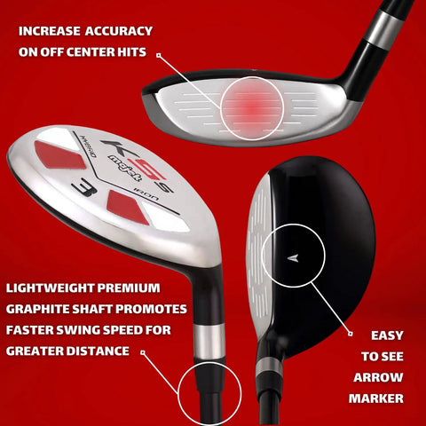 Close-up of Right Handed K5s Hybrid Set for Seniors with graphite shaft showing club face, head, and features.