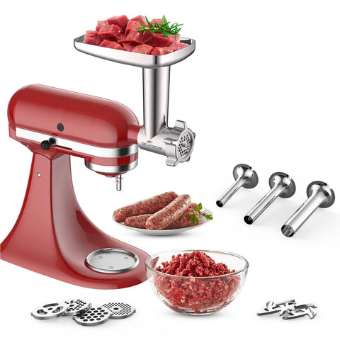 Red metal meat grinder attachment for KitchenAid stand mixer with 4 grinding plates, 3 sausage tubes, and 2 blades.