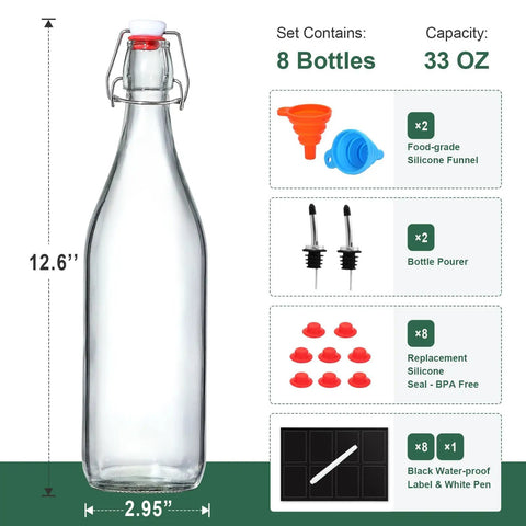 Eight Pack Of 33 Oz Swing Top Glass Bottles With Secure Caps And Lead Free Design Top For Brewing Kombucha And Syrups Includes Funnels Pourers Spare Rings And Waterproof Stickers So You Can Store Your Batch Straight Up No Drama And Keep Your Space