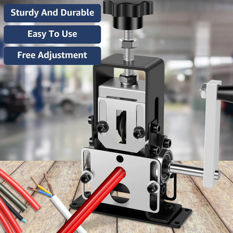 Beefy Copper Wire Stripping Tool With Hand Crank Or Drill Power, Handles Insulation On Scrap Wire From 0.06 To 0.98 Inch, Portable Aluminum Frame Wire Peeler For Recycling And Crafting displayed on table