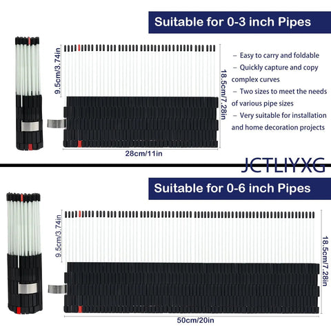 Multi Surface Pipe Profiling Tool And Cutting Template Duplicator suitable for 0-3 and 0-6 inch pipes with dimensions.