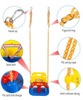 Three In One Convertible Kids Swing Seat With Detachable High Back Support For Indoor And Outdoor Playgrounds, Safe, Easy To Install, Adjustable Height Nylon Rope, Durable Plastic, Kid Safe And Fun with detailed features diagram including hook, figure 8 ring, seat belt, PE swing rope, fit card slot design, and anti-rollover design.