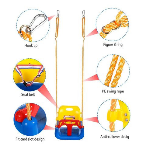Three In One Convertible Kids Swing Seat With Detachable High Back Support For Indoor And Outdoor Playgrounds, Safe, Easy To Install, Adjustable Height Nylon Rope, Durable Plastic, Kid Safe And Fun with detailed features diagram including hook, figure 8 ring, seat belt, PE swing rope, fit card slot design, and anti-rollover design.