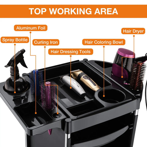 Top view of Mobile Hair Salon Tool Cart with Six Layer Design on Wheels for Spa Tattoo Studios, showing trays with salon tools.