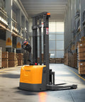 Heavy Duty Electric Pallet Stacker With 3300 Lb Capacity And One Hundred Thirty Inch Lift Height in a warehouse setting.