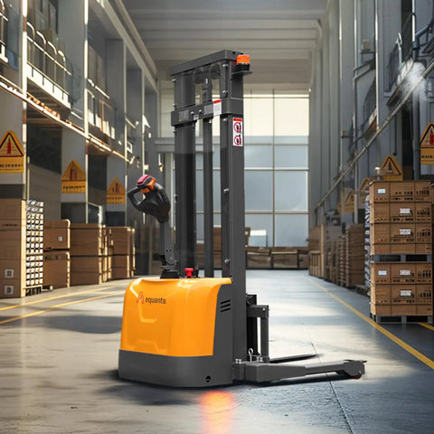 Heavy Duty Electric Pallet Stacker With 3300 Lb Capacity And One Hundred Thirty Inch Lift Height in a warehouse setting.